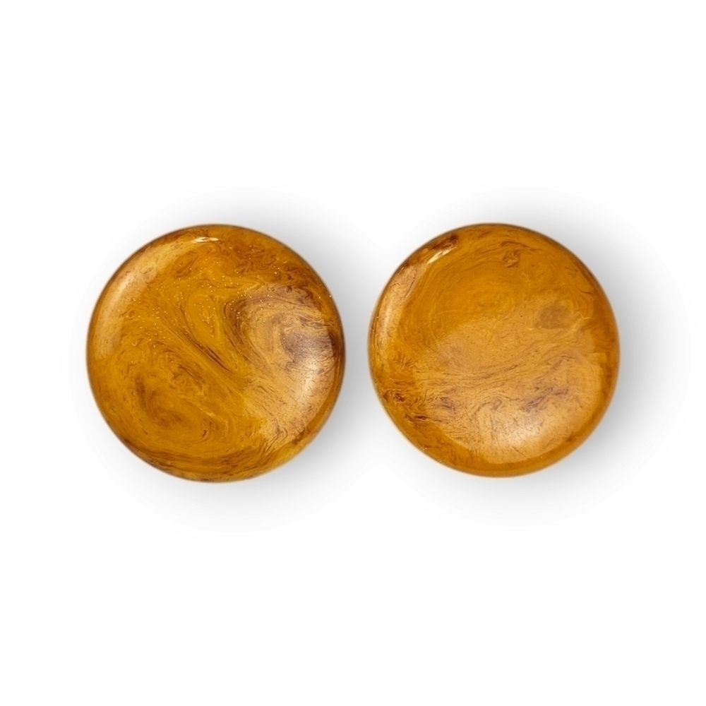 Butterscotch Bakelite Button Earrings Clip On Marbled Flat Round Disc Vintage